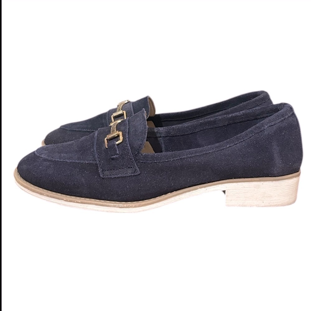 Enzo Tesoti Leather Suede Low Heel Loafer Sz 8.5 US (39 EU) Navy w/ Gold Accent - Picture 2 of 13